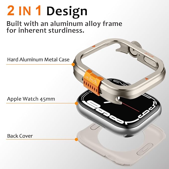 Amizee Metal Case Compatible with Apple Watch Series 9/8/7 45mm Case with Back Cover, Rugged Protective Bumper Cover for iWatch 45mm, Titanium - Image 3