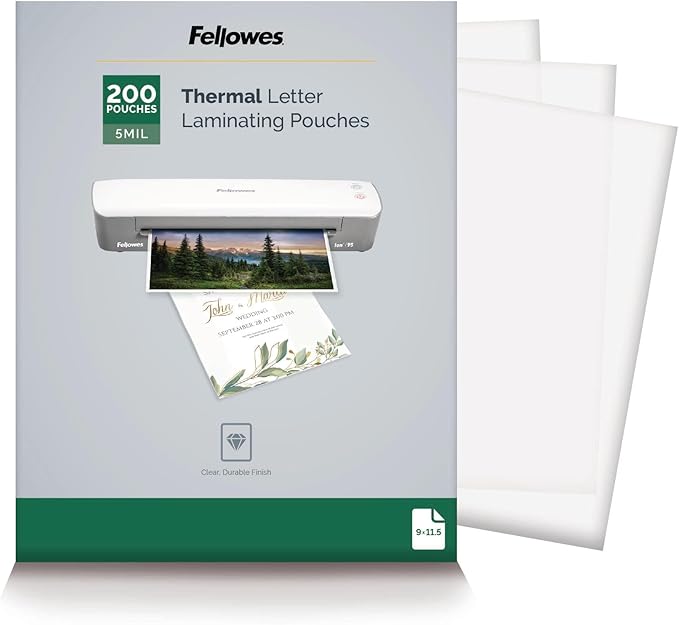 Fellowes Thermal Laminating Pouches, Letter Size Sheets, 5mil 200pk, Clear (5743601) by FellowesBrands