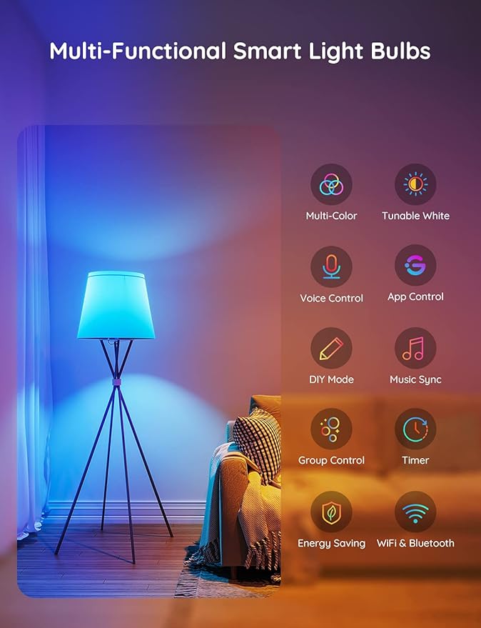 Govee Smart Light Bulbs, Color Changing Light Bulb, Works with Alexa and Google Assistant, 16 Million Colors RGBWW, WiFi & Bluetooth LED Light Bulbs, Music Sync, A19, 800 Lumens, 1 Pack - Image 8