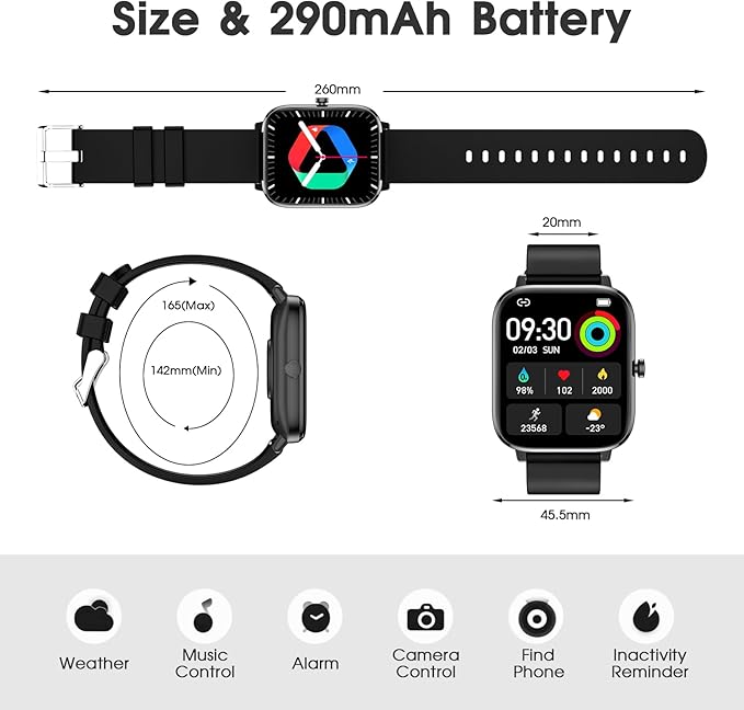 Smart Watch (Answer/Make Call): 1.85" Waterproof Fitness Trackers with 24-Hours Blood Pressure Heart Rate SpO2 Sleep Monitor Watches for Men Women, iPhone Android Compatible (Stone Black) - Image 9