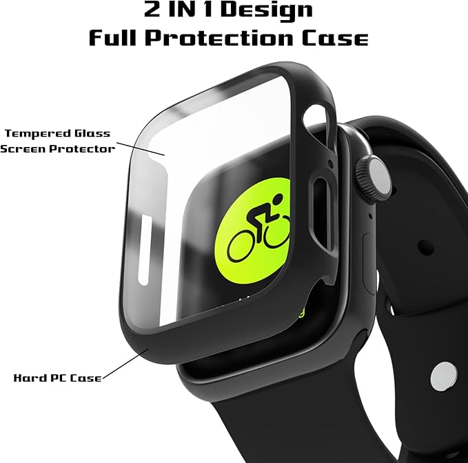 2 Pack Hard PC Case for Apple Watch Series 9 Series 8/7 41mm Screen Protector, Tempered Glass Film Hard Bumper Anti-Scratch HD Ultra-Thin Protective Cover for iWatch Series 9/8/7 41mm, Black - Image 2