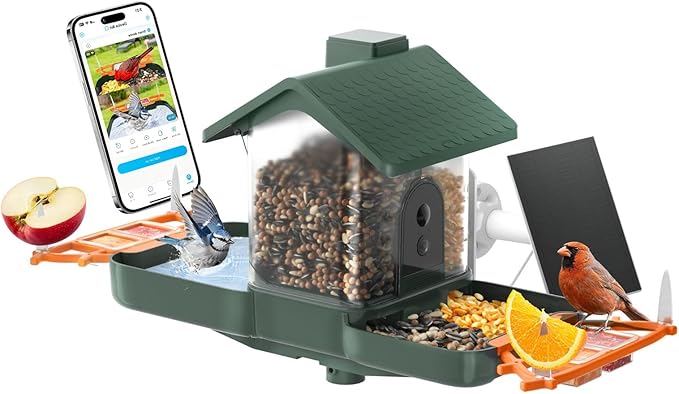 ​Bird Feeder with Camera and Bath, Dual-Lens 2K HD Video, AI Bird Identification, Solar Powered, Instant Alerts, IP66 Weatherproof by NAVFS