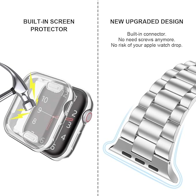 iiteeology Compatible with Apple Watch Band 42mm Series 3 2 1, Upgraded Stainless Steel Band with iWatch Screen Protector Case for Men Women Silver/Silver - Image 4