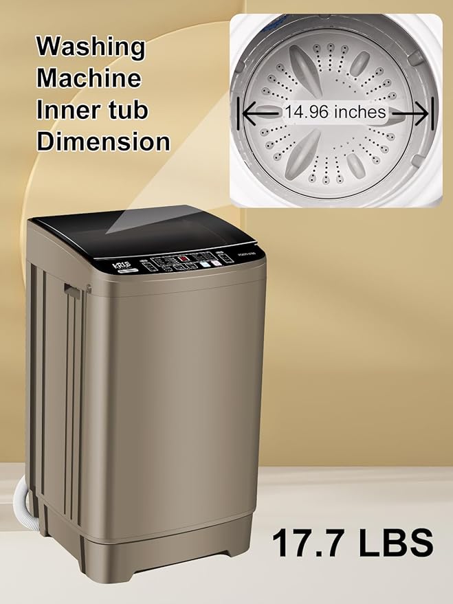 KRIB BLING Full Automatic Washing Machine with LED Display, 17.7 lbs Portable Washer Drain Pump, 10 Programs & 8 Water Levels Selections, Ideal for RV, Camping, Apartment, Dorm, Gold - Image 9