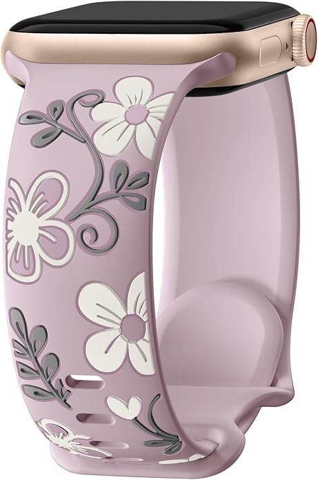 Witzon Floral Band Compatible with Apple Watch Bands For Women 40mm 41mm 38mm 42mm 44mm 45mm 46mm 49mm, Engraved Cute Flower Silicone Dressy Strap for iWatch Series 11 10 9 8 7 6 5 4 3 2 SE Ultra by Witzon