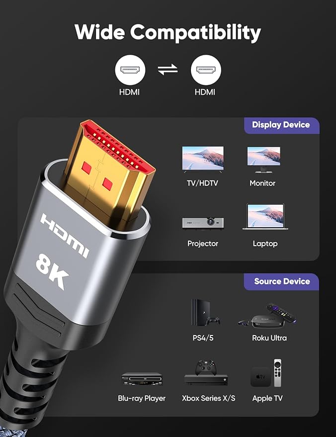 Highwings 8K HDMI Cable 2.1 8FT/2.5M 2-Pack, 48Gbps High Speed HDMI Cord-Nylon Braided 8K60Hz 4K120Hz 4K144Hz 3D eARC HDR10 4:4:4 HDCP 2.2&2.3 QMS DSC VRR, Compatible for Laptop, Monitor, Roku TV,HDTV - Image 7