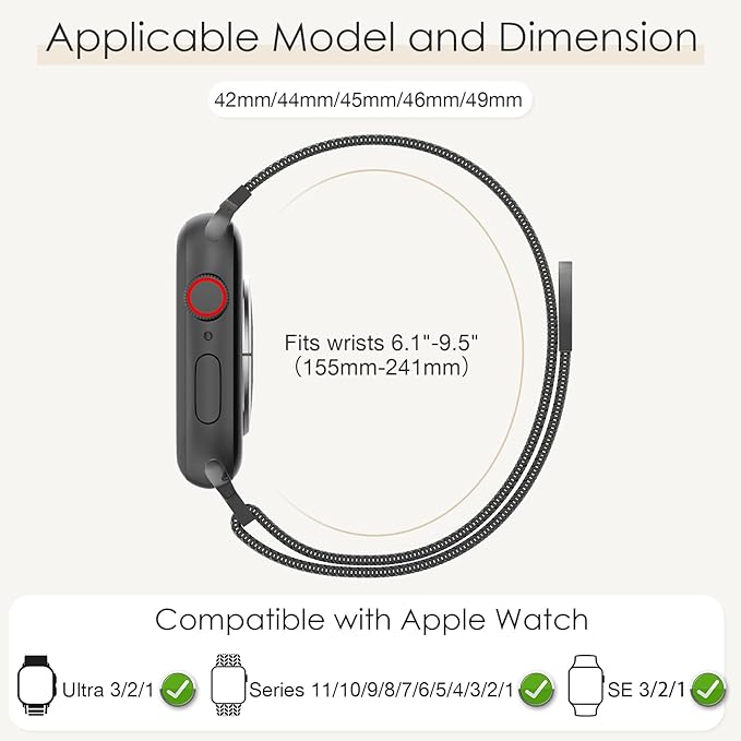 BELONGME 3 Pack Mesh Loop Compatible with Apple Watch Bands for Women Men 40mm 41mm 38mm 42mm 44mm 45mm 49mm 46mm Series 11 10 9 8 7 6 5 4 Ultra3 SE3 2, Stainless Steel Metal Magnetic Strap for iWatch - Image 6