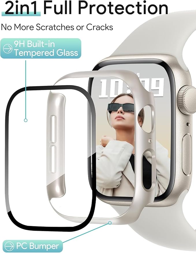 JR.DM 40mm 2 Pack Hard PC Case with HD Tempered Glass Screen Protector for Apple Watch Series 6/5/4/SE/SE2/SE3, Guard Bumper Full Protective Anti-Scratch Face Cover for iWatch, Starlight+ Clear - Image 3