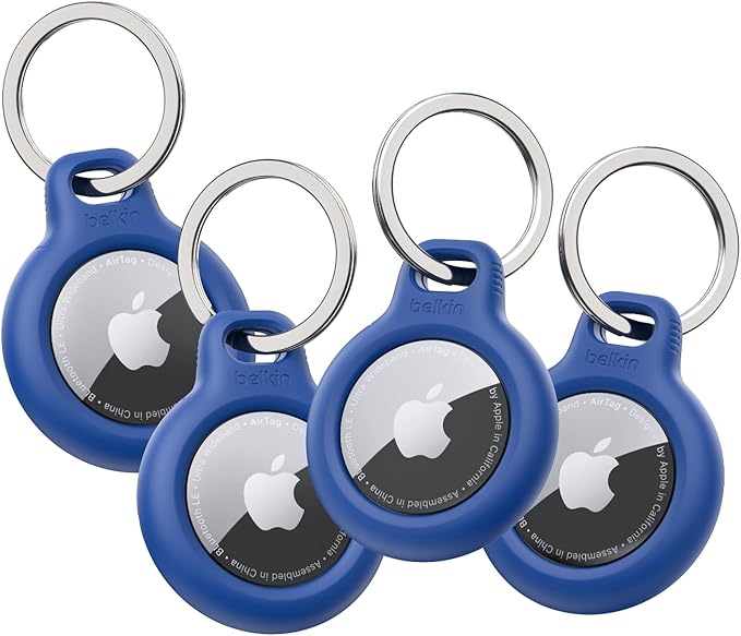 Belkin Apple AirTag Secure Holder with Key Ring - Durable Scratch Resistant Case with Open Face & Raised Edges - Protective AirTag Keychain Accessory for Keys, Pets, Luggage, Backpacks - 4-Pack Blue by Belkin