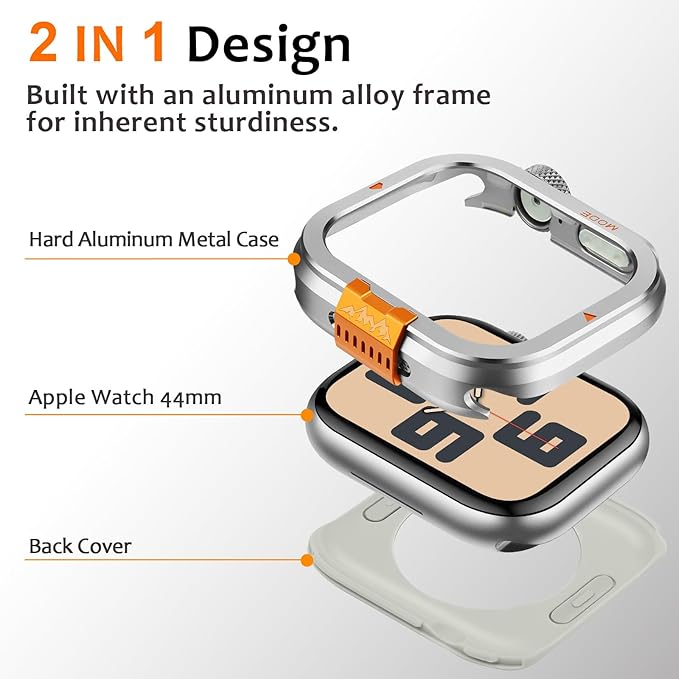 Amizee Metal Case Compatible with Apple Watch SE 3/2/1 Series 6/5/4 44mm Case with Back Cover, Rugged Protective Bumper Cover for iWatch 44mm, Silver - Image 3