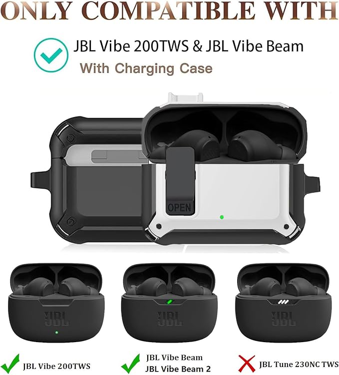 Compatible with JBL Vibe Beam/Beam 2 Case Cover Lock Clip with Cleaner Kit,Cool Protective JBL Vibe 200TWS Cover Men Women with Carabiner for JBL Vibe Beam 2 Charging Case - Black/White - Image 3