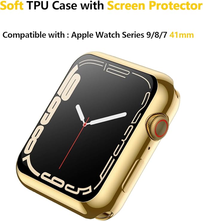 Julk [2 Pack] 41mm Gold Cover Soft Flexible TPU Anti-Scratch Lightweight Protective IWatch Case Built in Screen Protector Compatible with Apple Watch 9/8/7 - (1 Gold + 1 Transparent) - Image 3