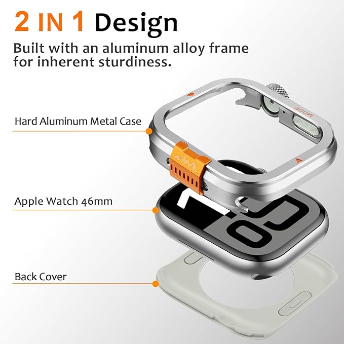 Amizee Metal Case Compatible with Apple Watch Series 11/10 46mm Case with Back Cover, Rugged Protective Bumper Cover for iWatch 46mm, Silver - Image 5