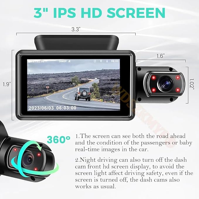 Dash Cam for Car Security Camera Front and Inside Vehicle Camera Dual DashCam Backup Camera, 3 Inch IPS Screen Video Recorder G-Sensor Night Vision Truck Camera - Image 7