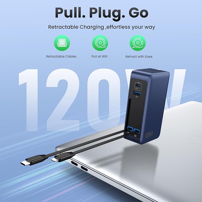 USB C Charger Block 120W with Built-in 2 Retractable Cables, 4-in-1 GaN IV Charger Fast Charging Foldable Plug Wall Charger,PD 65W Laptop Charger for MacBook,iPad,iPhone 17/16,Galaxy,Android-Dark Blue - Image 2