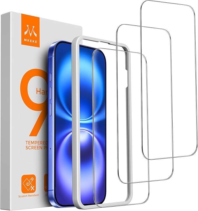 Mkeke 3 Pack Screen Protector for iPhone 16/ iPhone 15 6.1", [9H+ Tempered Glass] [Easy Installation Frame][Military-Grade Drop Protection] HD Clear, Anti-Scratch, Bubble Free by Mkeke