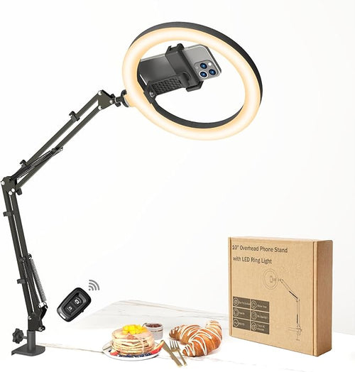 10" LED Ring Light with Overhead Phone Stand, CRI≥95 1200lm Dimmable Lighting, Adjustable Metal Arm with Remote & Phone Holder, for Streaming, Makeup, Zoom Calls, Photography by Unknown