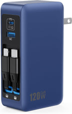 USB C Charger Block 120W with Built-in 2 Retractable Cables, 4-in-1 GaN IV Charger Fast Charging Foldable Plug Wall Charger,PD 65W Laptop Charger for MacBook,iPad,iPhone 17/16,Galaxy,Android-Dark Blue by AONIMI