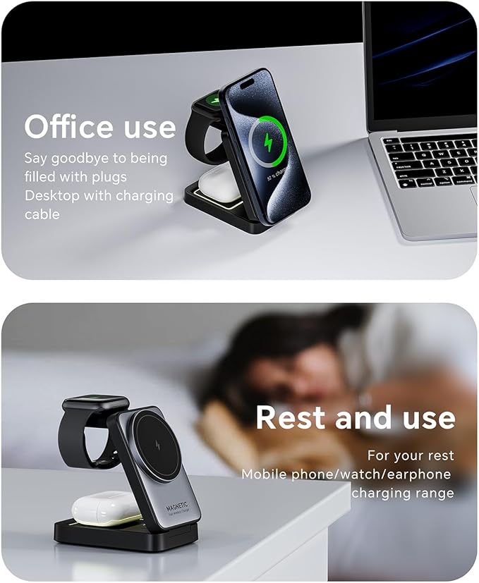 2026 Upgraded 3-in-1 Wireless Charger for iPhone,Travel Magnetic Charger Stand Nightlight Foldable Wireless Charging Station Compatible with Magsafe Charger&iPhone 17/16/15/14/13,Apple Watch&AirPods - Image 4