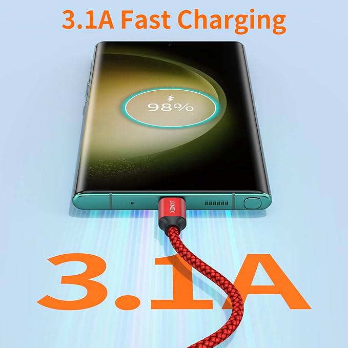 JXMOX USB Type C Cable (6.6ft 2-Pack), USB-A to USB C 3A Fast Charging Cord Compatible with iPhone 15 16 Pro Max, Samsung Galaxy S22 S21 S20 Ultra S10 S9 S8, Note 10 9 8 A80 A70, USB C Charger (Red) - Image 2