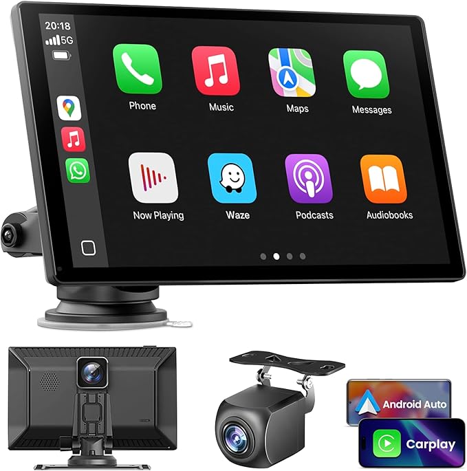Wireless Carplay Screen for Car: CarPlay & Android Auto Portable Car Play Screen with 4K Dash Cam, 1080P Backup Camera, GPS Navigation/Mirror Link/AirPlay/Voice Control/Bluetooth - 9 Inch by Unknown