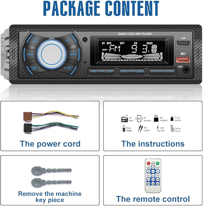 Kunfine Audio Systems Car Stereo - Single Din, Voice Control, Bluetooth, No CD DVD Player, FM Radio Receiver, Wireless Remote Control, MP3, 2 USB(2.1A Charger), Aux-in - Image 6