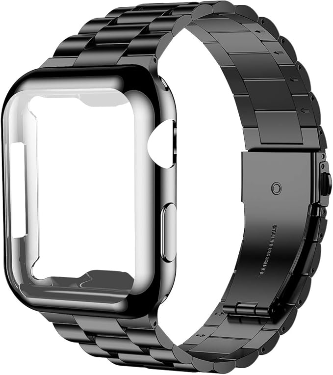 iiteeology Compatible with Apple Watch Band 42mm Series 3 2 1, Upgraded Stainless Steel Band with iWatch Screen Protector Case for Men Women Black/Black by iitee