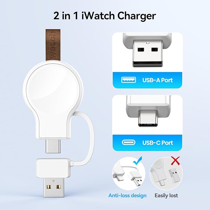 NEWDERY Charger for Apple Watch Magnetic USB C&USB A Portable Wireless iWatch Charger for Apple Watch Ultra 2/1 Series 10 9 8 7 6 5 4 3 2 1 SE, White - Image 3