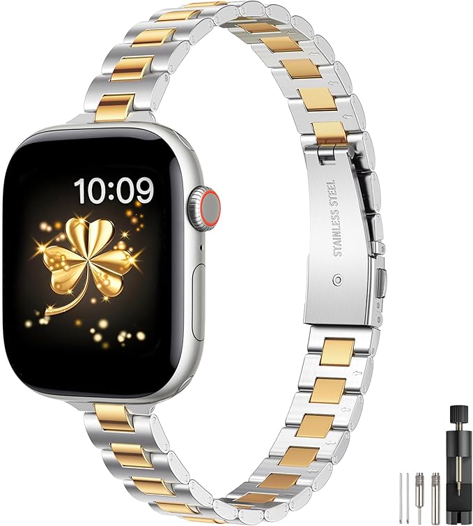 WFEAGL Slim Stainless Steel Band Compatible with Apple Watch 42mm 41mm 40mm 38mm Women, Elegant Dressy Jewelry Bracelet, Thin Lightweight Metal Strap for iWatch Series 11 10 9 8 7 6 5 4 3 2 1 SE, Silver+Gold by WFEAGL