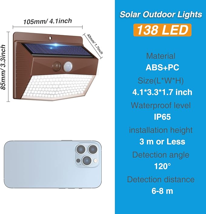 Peasur Solar Outdoor Lights, [8 Packs] Motion Sensor Security Lights with 3 Lighting Modes Wall Lights Waterproof Solar Powered Lights for Garden Yard, Brown - Image 5