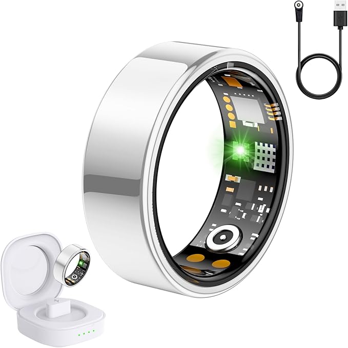 Smart Ring for Women Men, Fit Ring with Heart Rate, Blood Oxygen, HRV, Sleep Monitor, Stress, Step Counter, IP68 Waterproof Fitness Rings for iPhone & Android, No Subscription Fee (Silver, 8#) by SEEVEN