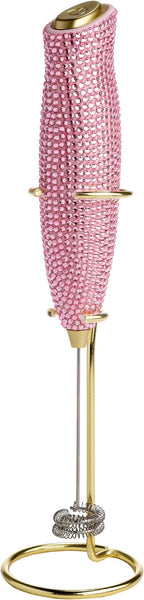 Paris Hilton Electric Rhinestone Handheld Milk Frother with Double Coil Head Whisk and Gold Metal Stand, Battery Powered (2 AA Batteries Required but Not Included), Pink by TheWorldofParisHilton