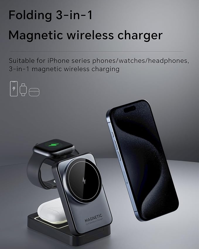 2026 Upgraded 3-in-1 Wireless Charger for iPhone,Travel Magnetic Charger Stand Nightlight Foldable Wireless Charging Station Compatible with Magsafe Charger&iPhone 17/16/15/14/13,Apple Watch&AirPods - Image 5