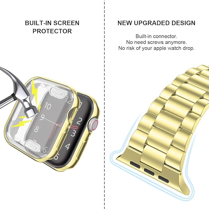 iiteeology Compatible with Apple Watch Bands 41mm Series 9 8 7, Upgraded Stainless Steel Band with iWatch Screen Protector Case for Women Gold/Gold - Image 4