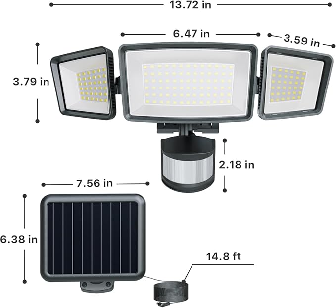 Ensenior 5 Motion Sensor Modes Solar Security Light, 1800LM 270° Wide Angle 3 Heads LED Flood Lights, IP65 Waterproof Wall Lights, Separate Solar Panel Remote Control Solar Lights Outdoor - Image 2