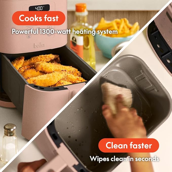 bella 4Qt Slim Air Fryer, Fits-anywhere™ Kitchenware, EverGood™ Ceramic Nonstick Coating, Adjustable Temperature, 6 Preset Cooking Options, 60 Min Auto Shutoff w Audible Tone, 3.3lb Capacity, Blossom - Image 4