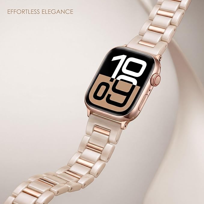 V-MORO Resin Band Compatible with Apple Watch 42mm 41mm 40mm 38mm,Fashion Lightweight Bracelet with Polished Rose Gold Stainless Steel Inlay for iWatch Series 11/10/9/8/7/6/5/4/3/2/1/SE,Oatmeal - Image 2