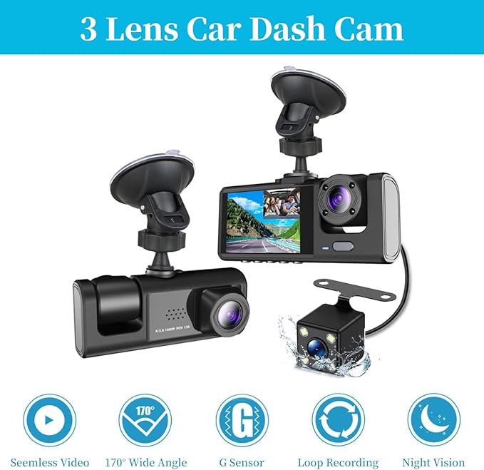 Dash Cam, 3 Lens 1080P Car Driving Recorder with Night Vision Loop Recording G Sensor Emergency Saving, 2in LCD Screen 170 Degree Angle, Multifunctional Car Camera - Image 2