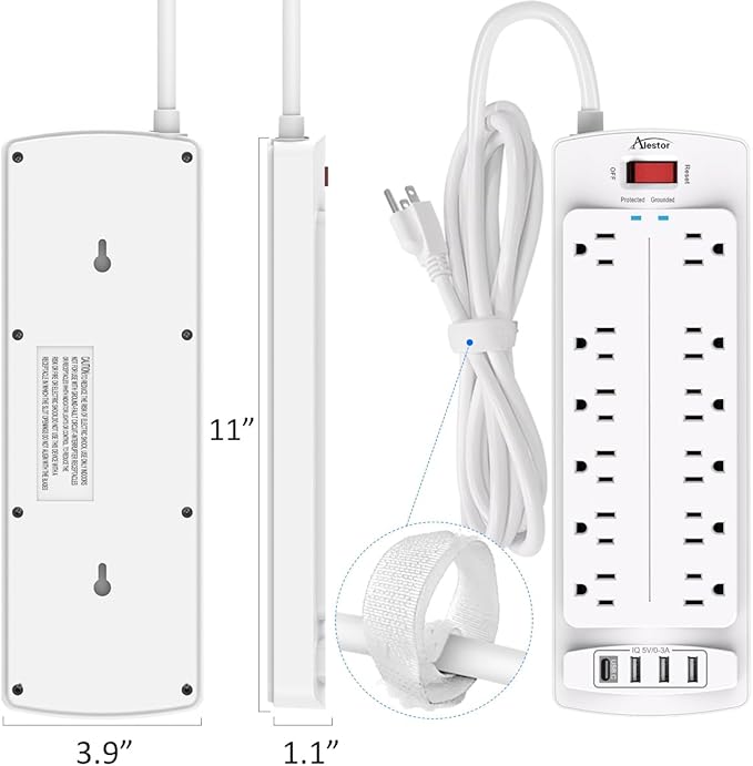 Power Strip,ALESTOR Surge Protector with 12 Outlets and 4 USB Ports, 6 Feet Extension Cord (1875W/15A) for for Home, Office, Dorm Essentials, 2700 Joules, ETL Listed (White) - Image 7