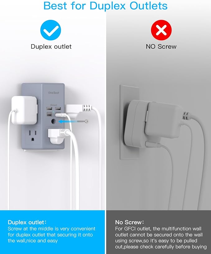 Surge Protector, 5 Outlets Extender with 4 USB Ports(USB C), 3-Side 1680J Power Strip Multi Plug Outlet Expander, USB Wall Charger, Outlet Splitter Adapter Wall Mount for Home Office ETL Listed（Grey） - Image 3