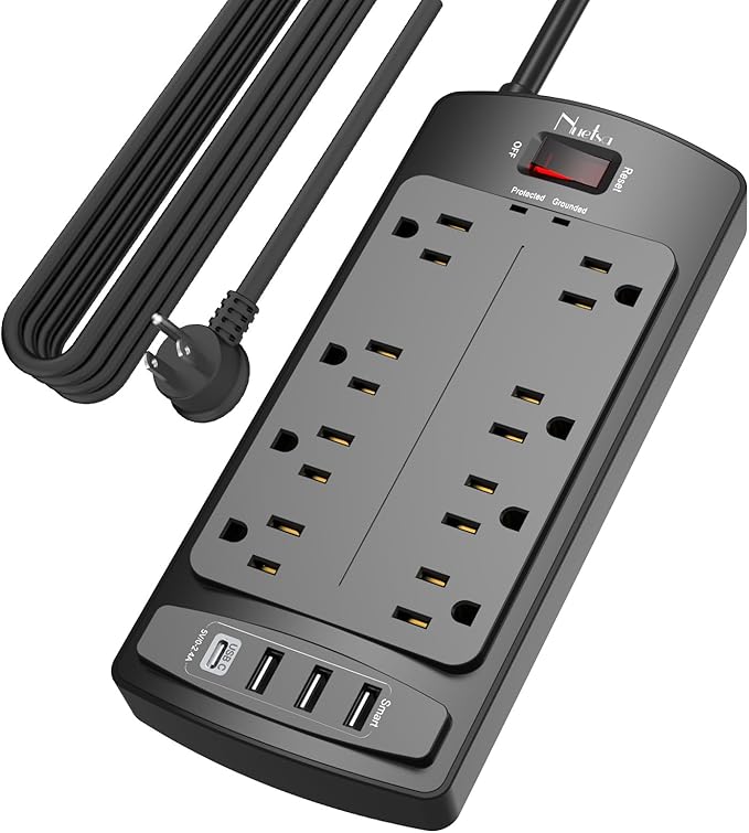 Surge Protector Power Strip - Nuetsa Flat Plug Extension Cord with 8 Outlets and 4 USB Ports, 15 Feet Power Cord (1625W/13A), 2700 Joules, ETL Listed, Black by Nuetsa
