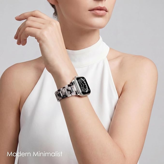 V-MORO Resin Band Compatible with Apple Watch 42/44/45/46/49mm,Fashion Lightweight Bracelet with Starlight Stainless Steel Inlay for iWatch Series 11/10/9/8/7/6/5/4/3/2/1/SE,Tortoise Stone Flower - Image 4