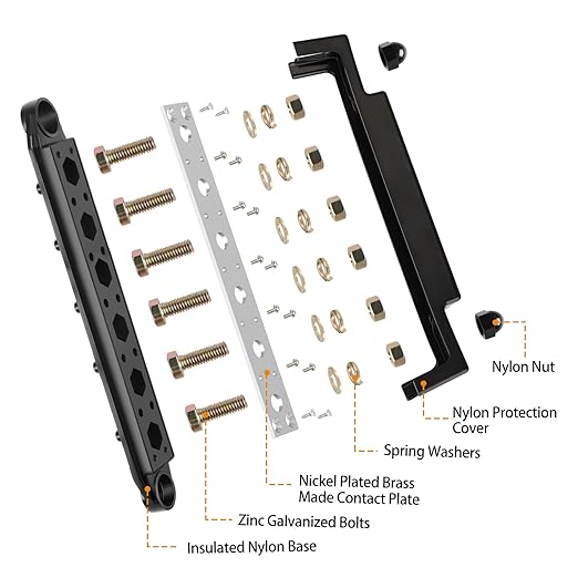 MOFEEZ Power Distribution Block Bus Bar, 6 x 3/8" Posts, 10 x #8 Screws Terminals, Max 48V 250A (Pair, Red & Black) - Image 3