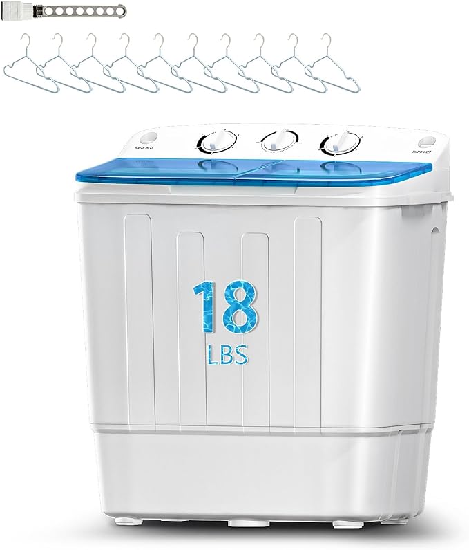 Portable Mini Twin Tub 18lbs Washing Machine With Drying Rack& 10 Hangers, 11lbs Washer & 7lbs Spinner, Small Laundry Washer with Time Control for Camping, Apartments, RV (18lbsBlue) by Unknown