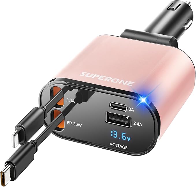 SUPERONE 【Upgraded】 Retractable Car Charger 4 in 1, Fast Car Phone Charger with Cord 2.6ft, USB C Car Charger Adapter, Compatible with iPhone 17/16/15/15 Pro Max/14/13/12/11, Galaxy, Pixel by SUPERONE