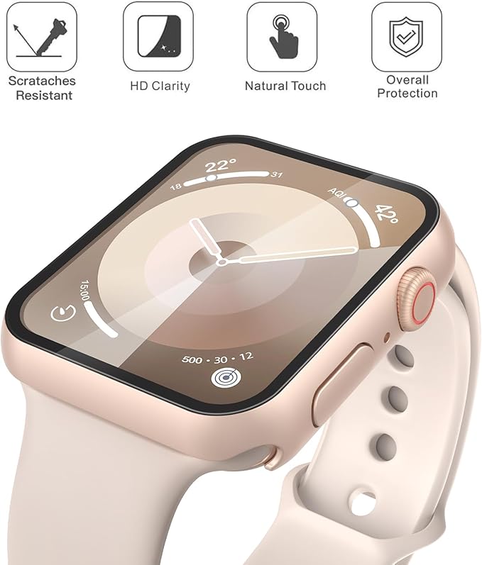 Misxi 2 Pack Tempered Glass Case Compatible for Apple Watch Series 9 Series 8 Series 7 41mm, Hard PC Screen Protector Overall Protection Scratch-Resistant Cover for iWatch, 1 Rose Gold + 1 Transparent - Image 3