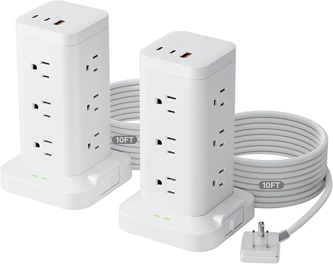 2Pack Power Strip Tower with Surge Protector 1800J, Fast Charging Tower PD20W USB-C Ports with 12 AC Outlets, 10ft Extension Cord for Home Office Dorm Room, White by Tagzilo