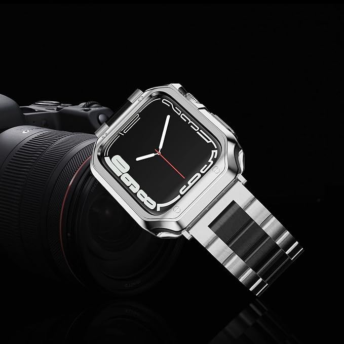 Compatible with Apple Watch Band and Case, Stainless Steel Metal Chain with TPU Cover, Smart-Watch Link Bracelet Strap, Wrist-Band for i-Watch Series 10 11, 42mm, Silver+Black - Image 8