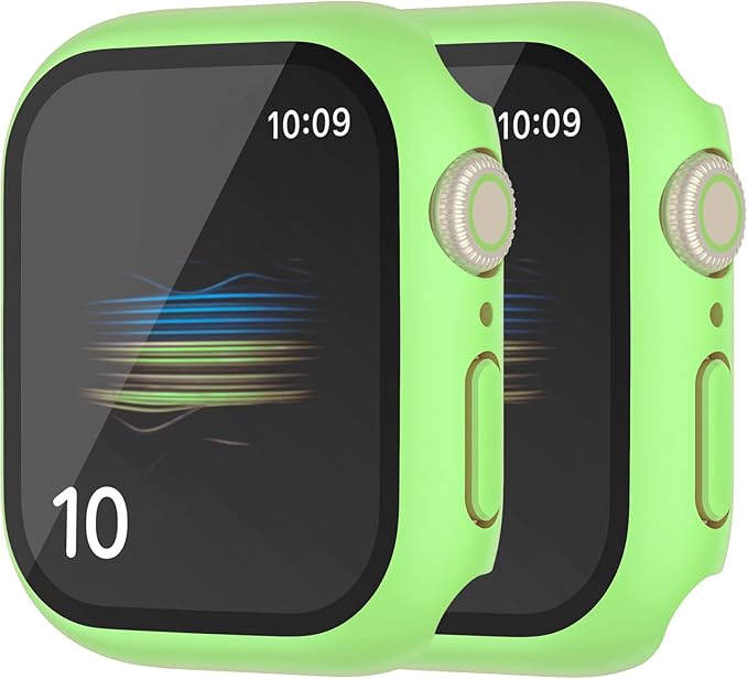 2 Pack Hard PC Case with Button for Apple Watch Series 7 8 9 45mm Tempered Glass Screen Protector Case, Full Coverage Ultra-thin Shell Iwatch ll Bumper Cover (Fluorescent Green, 45mm) by HANKN