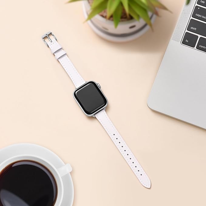 STIROLL Slim Leather Bands Compatible with Apple Watch Band 49mm 46mm 45mm 44mm 42mm(Series 3 2 1), Top Grain Leather Watch Thin Wristband for iWatch Ultra SE Series 11 10 9 8 7 6 5 4(White Silver) - Image 4